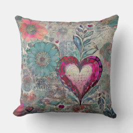 Hippie retro: Cojín decorativo del corazón rosado