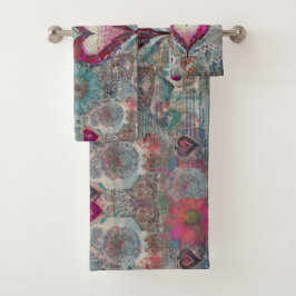 Hippie retro: juego de toallas de corazón rosado