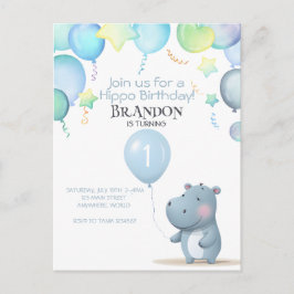 Hippo Cumpleaños invitación sencilla azul suave