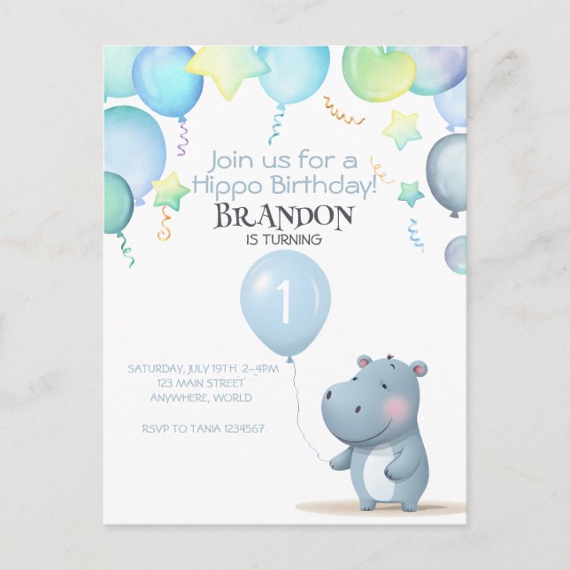 Hippo Cumpleaños invitación sencilla azul suave (Anverso)