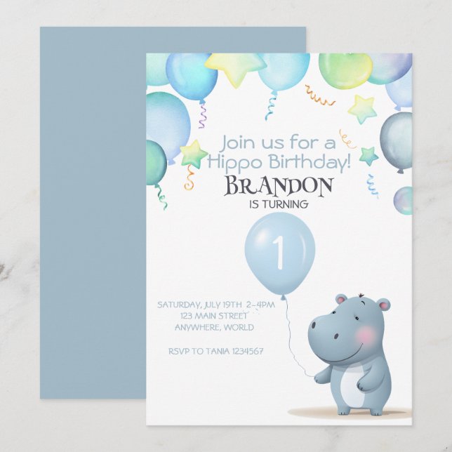 Hippo Cumpleaños invitación sencilla azul suave (Anverso / Reverso)