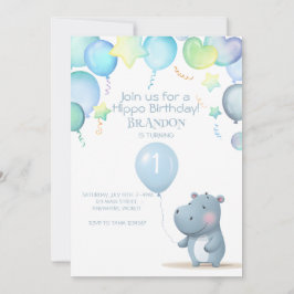 Hippo Cumpleaños invitación sencilla azul suave