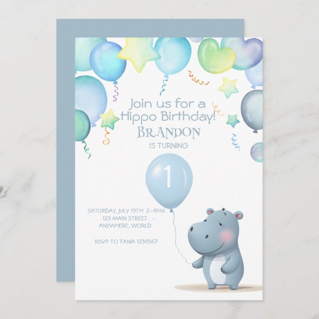 Hippo Cumpleaños invitación sencilla azul suave (Anverso / Reverso)