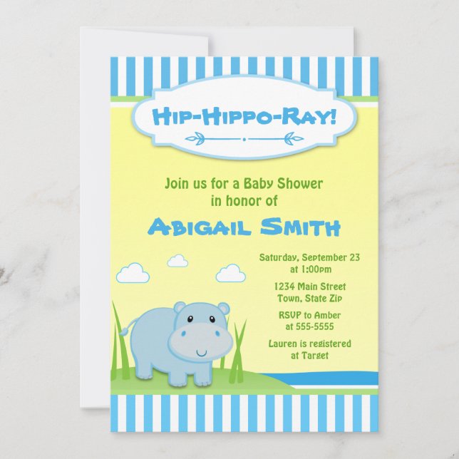 Hippo Invitación a Baby Shower Hippo Blue Hippo Bo (Anverso)