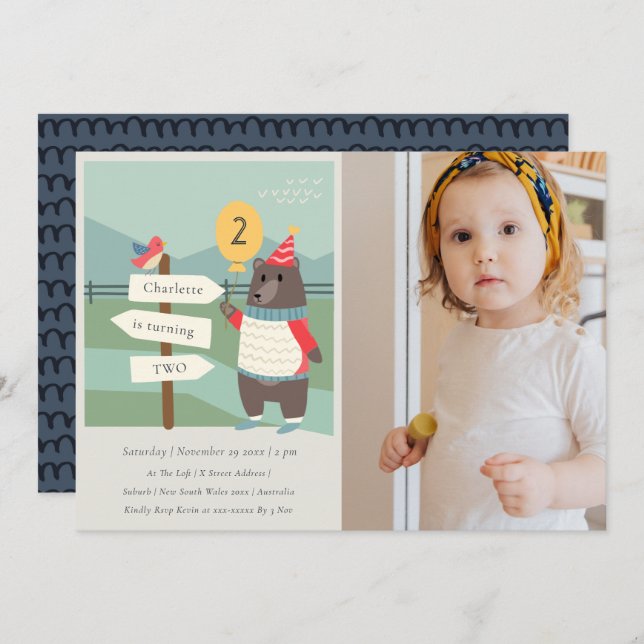 Hito de oso de Birdy Invitación de cumpleaños a cu (Anverso / Reverso)