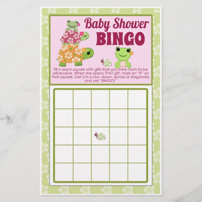 Hoja BINGO de juego Baby Shower de rana chica (Frente)