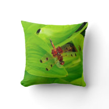 Hoja con libélula roja, almohada verde casi sólida