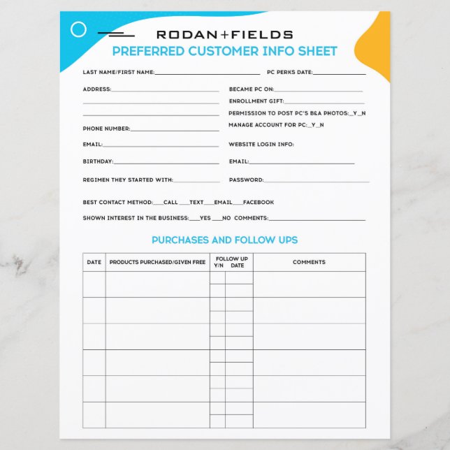 Hoja de clientes preferida de Rodan y Fields (Anverso)