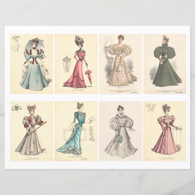 Hoja de Collage de 8 tarjetas de la moda victorian (Anverso)