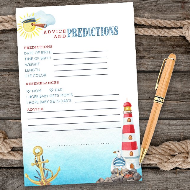 Hoja de consejos y predicciones de Baby Shower náu (Advice & Predictions card from my Ahoy it's a boy Nautical Baby Shower collection)