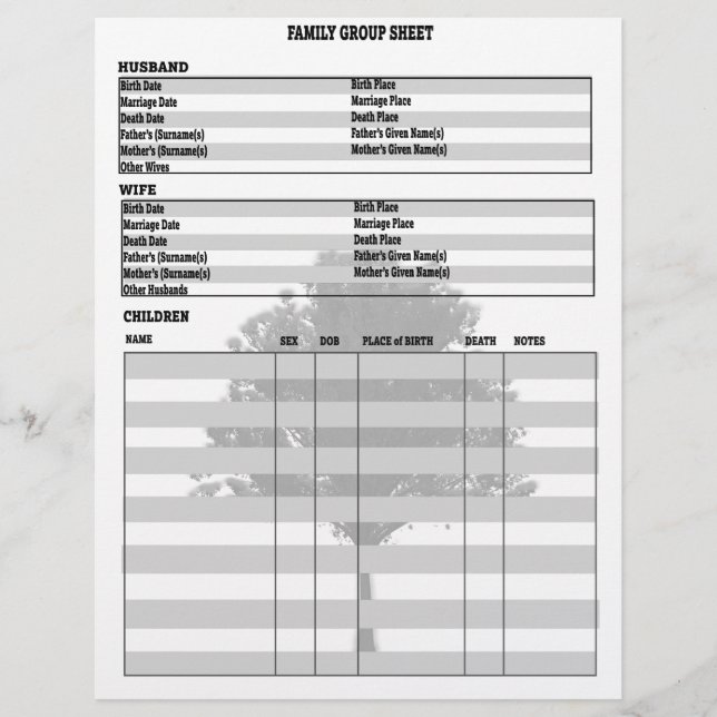 Hoja de grupo de genealogía de árbol de familia (Anverso)