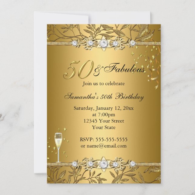 Hoja de joyas de oro 50 e invitación fabulosa para (Anverso)