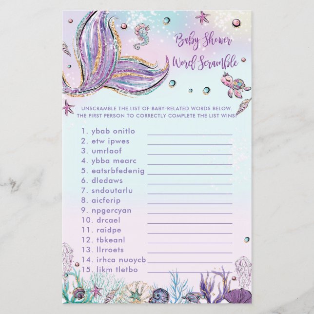 Hoja de juego de Baby Shower Word Scramble Fun (Anverso)