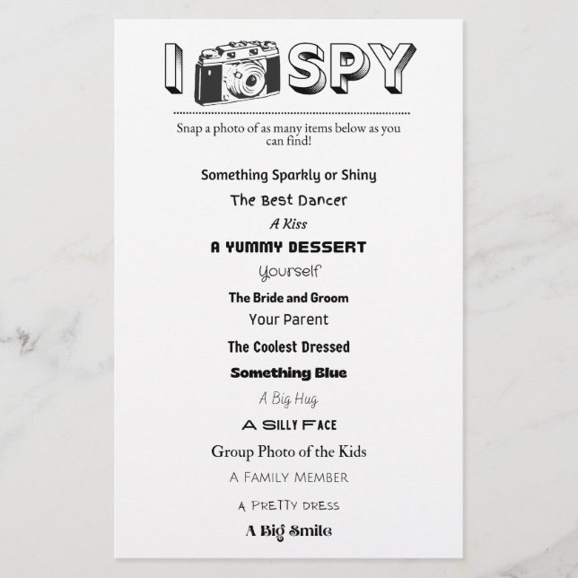 Hoja de juego de Boda/evento I-Spy para niños (Anverso)