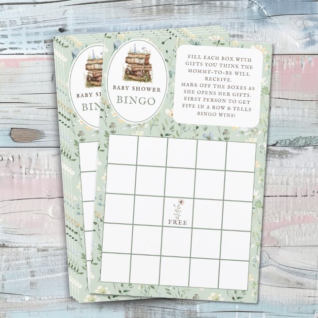 Hoja de juegos de libros con "Bingo Regalo" para b (Fun baby shower game. Gift bingo for guests. sage green)