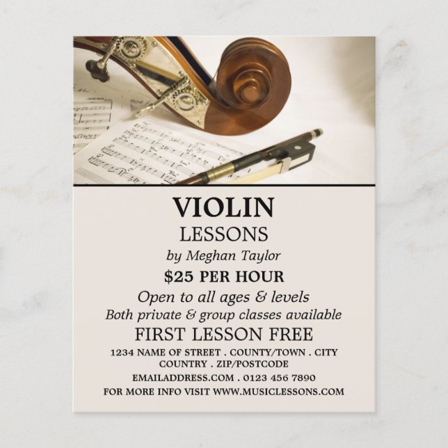 Hoja de notas de violín, publicidad de lecciones d (Frente)