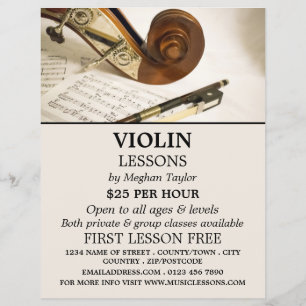 Hoja de notas de violín, publicidad de lecciones d