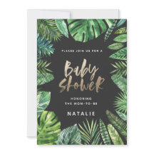 Hoja de palma tropical y tarjeta de ducha de bebé