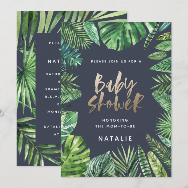 Hoja de palma tropical y tarjeta de ducha de bebé  (Anverso / Reverso)