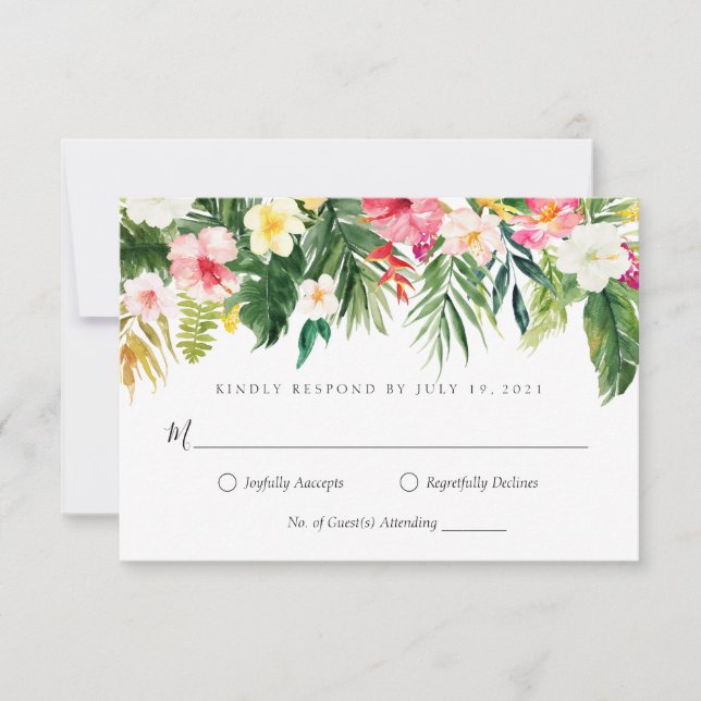 Hoja de palmera tropical y tarjeta RSVP floral (Anverso)