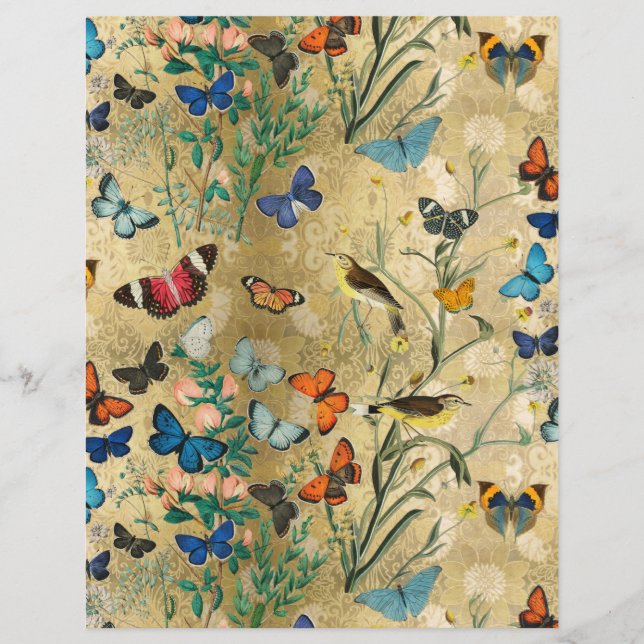 Hoja de papel botánico de mariposas de época (Anverso)