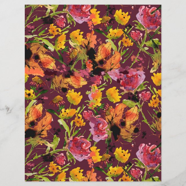 Hoja de papel con flores de tinta pintadas a mano (Anverso)