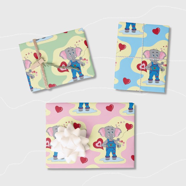 Hoja de papel de envolvimiento de elefante cutáneo (Cute baby shower wrapping paper sheets featuring a charming cartoon elephant and hearts pattern .)