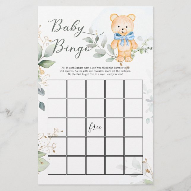 Hoja de papel de juego de bingo para oso de verde  (Anverso)