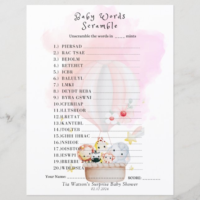 Hoja de papel de juego de palabras de Baby Scrambl (Anverso)