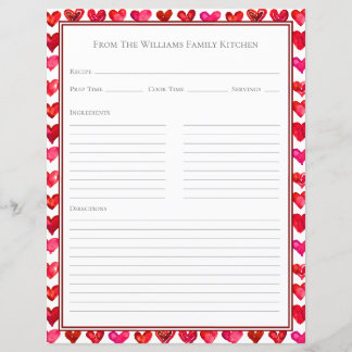 Hoja de papel de receta de corazones rojos rosados