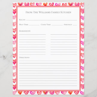 Hoja de papel de receta de corazones rosados acuar