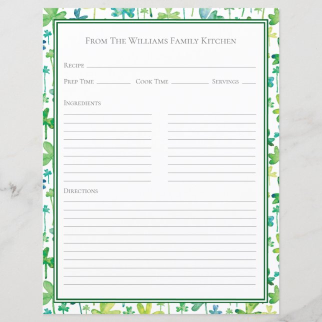 Hoja de papel de receta verde de tréboles (Anverso)