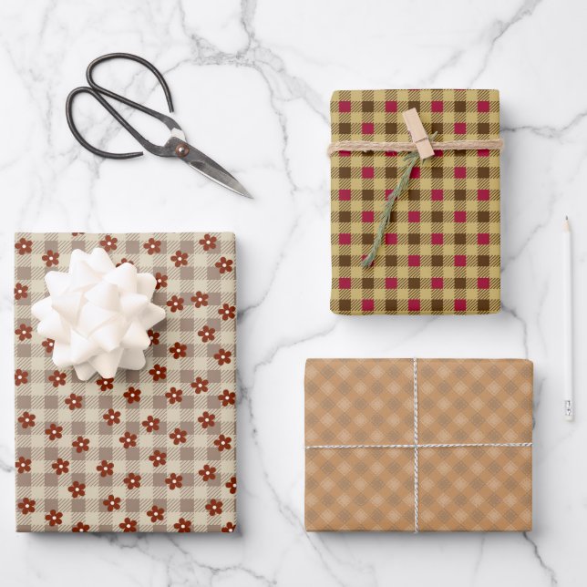 HOJA DE PAPEL DE REGALO 花&チェック(ブラウン) +ギンガムチェック         (Anverso)