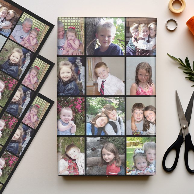 Hoja De Papel De Regalo 12 Collage de fotos con fondo negro (Personalized Photo Wrapping Paper)