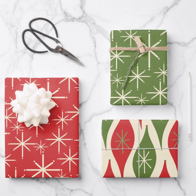 Hoja De Papel De Regalo 1950s Christmas Patterns in Retro Red Green Cream (Anverso)