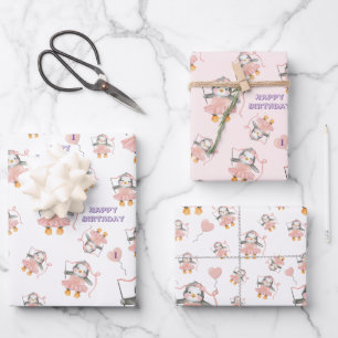 Hoja De Papel De Regalo 1.ᵉʳ cumpleaños Cute Ballerina Pingüino Rosa