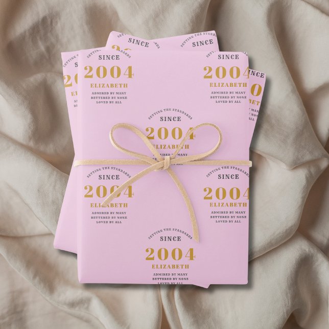 Hoja De Papel De Regalo 21 cumpleaños 2004 Añadir nombre gris rosado (21st birthday personalized pink wrapping paper.)