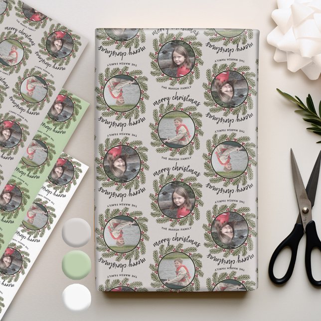 Hoja De Papel De Regalo 2 fotos con ramas fantásticas Feliz Navidad (Personalized Photo Wrapping Paper)