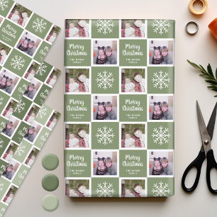 Hoja De Papel De Regalo 2 Fotos Verdes - Navidades Alegres Copos de Nieve