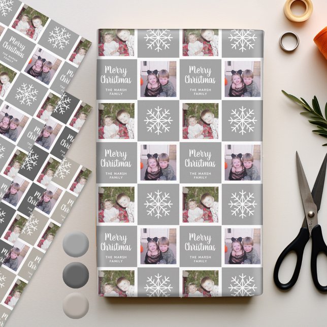 Hoja De Papel De Regalo 2 Neutros grises fotográficos Feliz Navidad Copos  (Personalized Wrapping Paper - add photos to this festive holiday design)