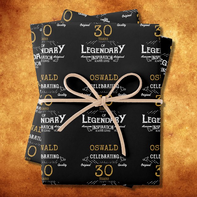 Hoja De Papel De Regalo 30.º cumpleaños Black Gold Legendario Retro (30th Birthday Black Gold Legendary Retro Wrapping Paper Sheets)