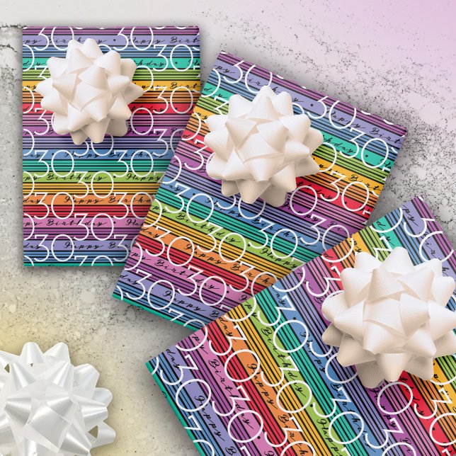 Hoja De Papel De Regalo 30.º cumpleaños de rayas arcoiris (Subido por el creador)