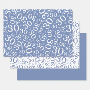 Hoja De Papel De Regalo 30.º Nacimiento Patrón de números azul y blanco 30
