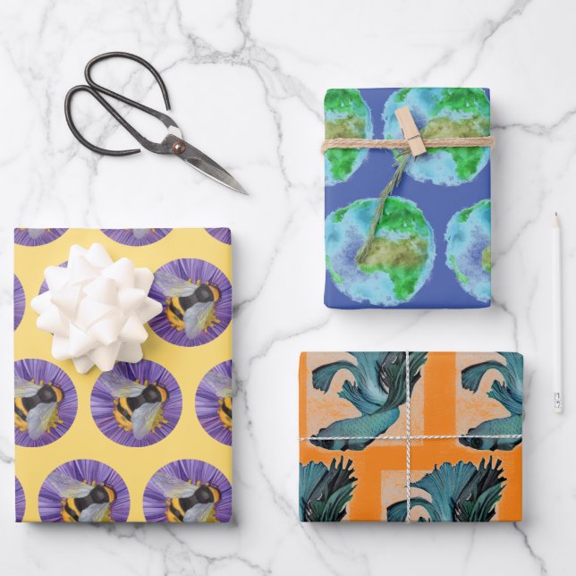 Hoja De Papel De Regalo 3 acuarelas Bumble Bee Planet Tierra Betta Pescado (Anverso)
