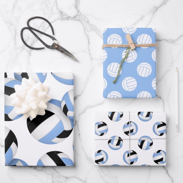 Hoja De Papel De Regalo 3 bolas de voleibol negro azul claro coordinadas (Anverso)