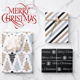 Hoja De Papel De Regalo 3 Coordenadas de árboles de navidad blancos negros