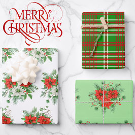 Hoja De Papel De Regalo 3 coordenadas Navidades Poinsettia Red Plaid