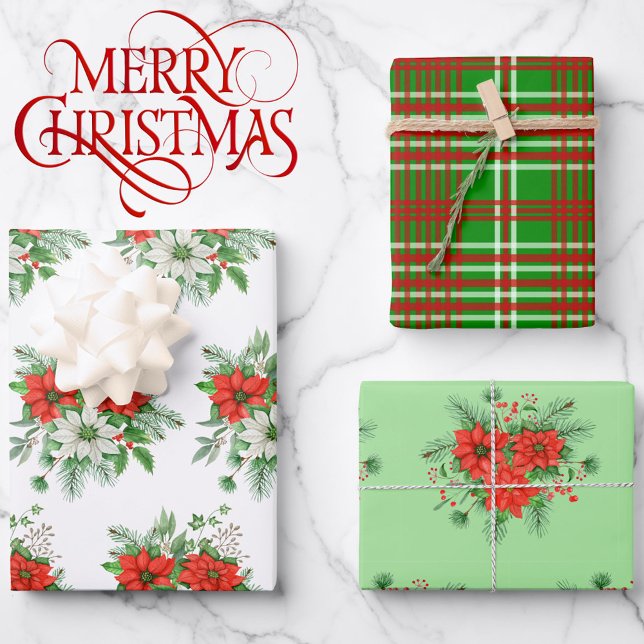 Hoja De Papel De Regalo 3 coordenadas Navidades Poinsettia Red Plaid (Subido por el creador)