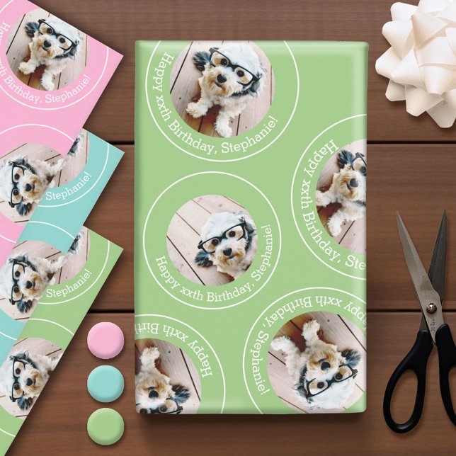 Hoja De Papel De Regalo 3 fotos Collage Happy Birday Circles rosa azul (Custom Photo Wrapping Paper)