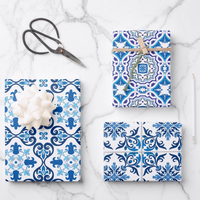 Hoja De Papel De Regalo  😍 3 Hermosos Azulejos azules envueltos  (Anverso)